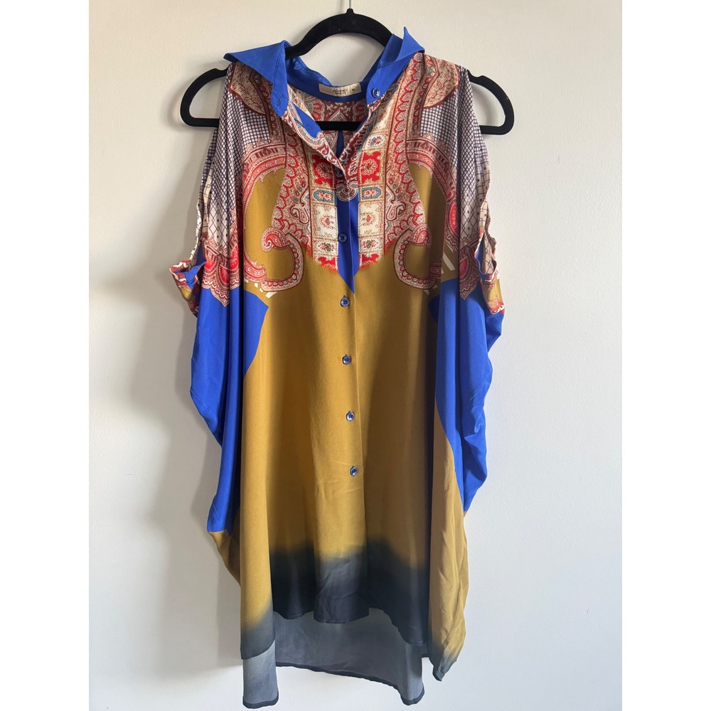 Etro Italy Silk Paisley Ombre Cold Shoulder Tunic Top Blue Yellow IT 46 US 10